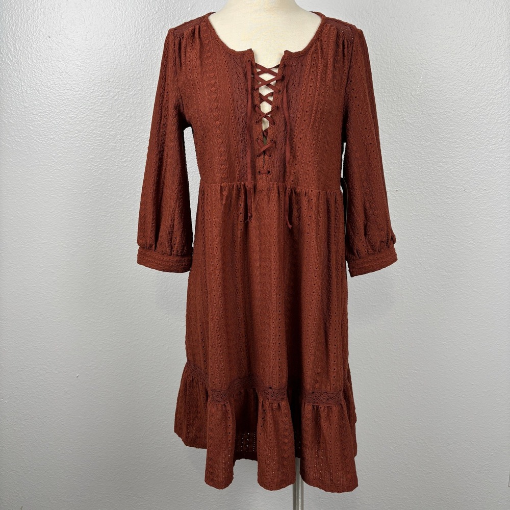 Frye and Co Lace-Up Eyelet Dress Smoked Paprika Brown XS Boho Tiered Peasant‎